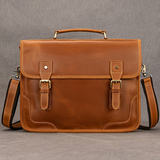 Men's Cowhide Leather Briefcase Flap Laptop Bag Crazy Horse Leather Shoulder Bus
