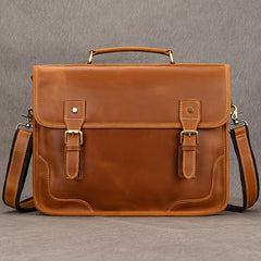 Men's Cowhide Leather Briefcase Flap Laptop Bag Crazy Horse Leather Shoulder Bus