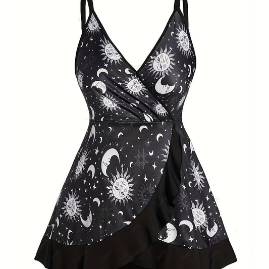  Moon & Sun Print Surplice Neck Cami Top