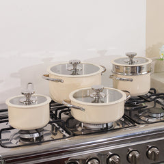 4pcs Stainless Steel Cooking Pot Set Beige Pink Green Ceramic Spray