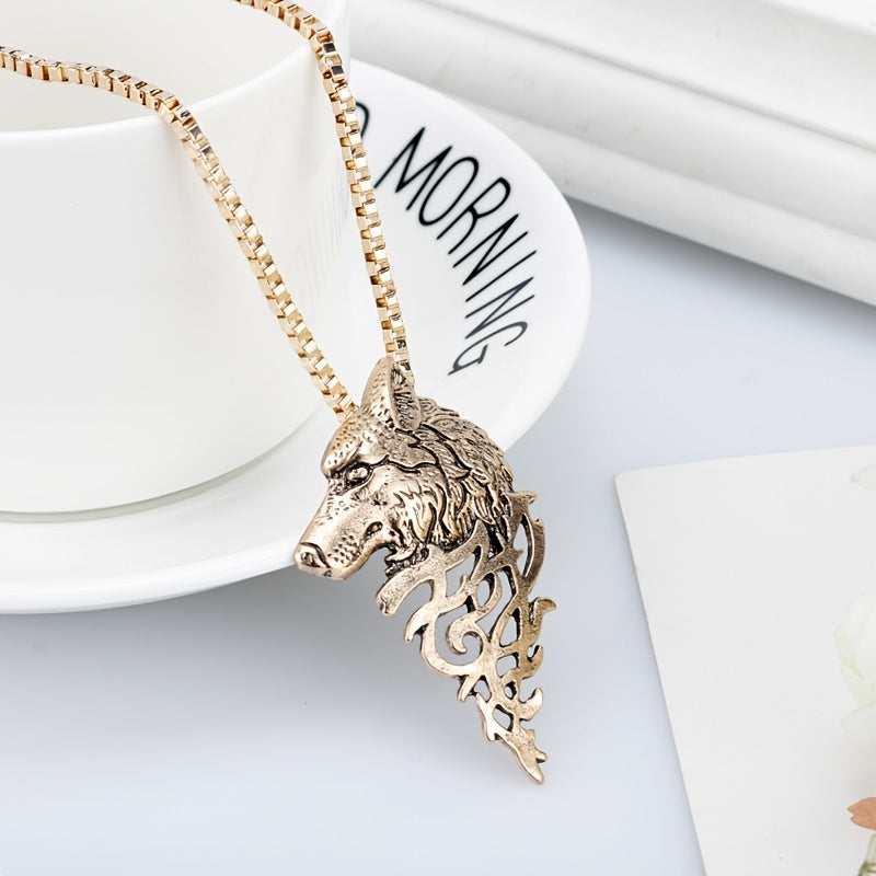 Punk Style Wolf Head Pendant Necklace Men's Jewelry Vintage Hip Hop Sweater Chai