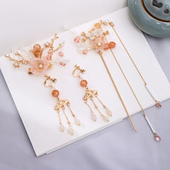 Flower Tassel Hairpin Earrings Hanfu Headwear Set