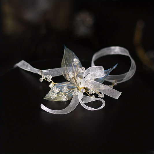 Mesh Ribbon Head Piece With Faux Pearl And Crystal Beads
