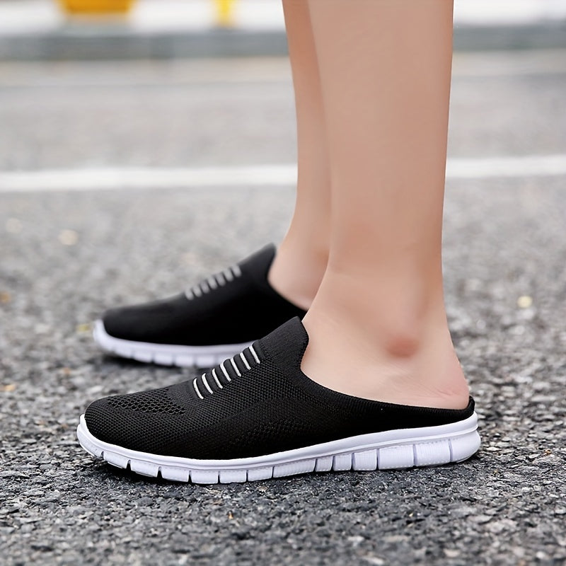 Women's Knit Flat Mules Comfy Solid Closed Toe Non Slip Slides Shoes