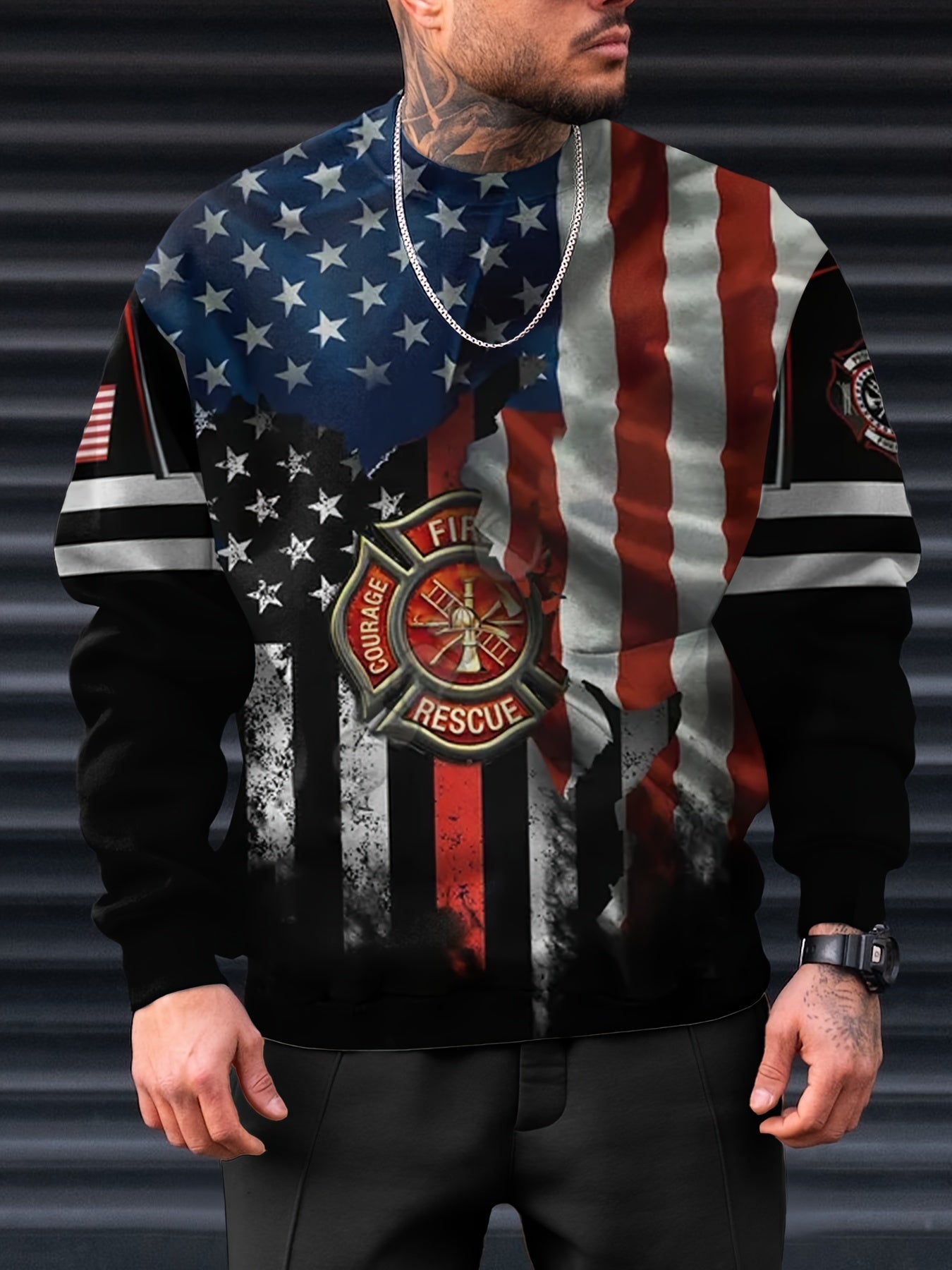 Flag Pattern 3D Print Crew Neck Sweatshirt Men's Casual Pullover Sweatshirt