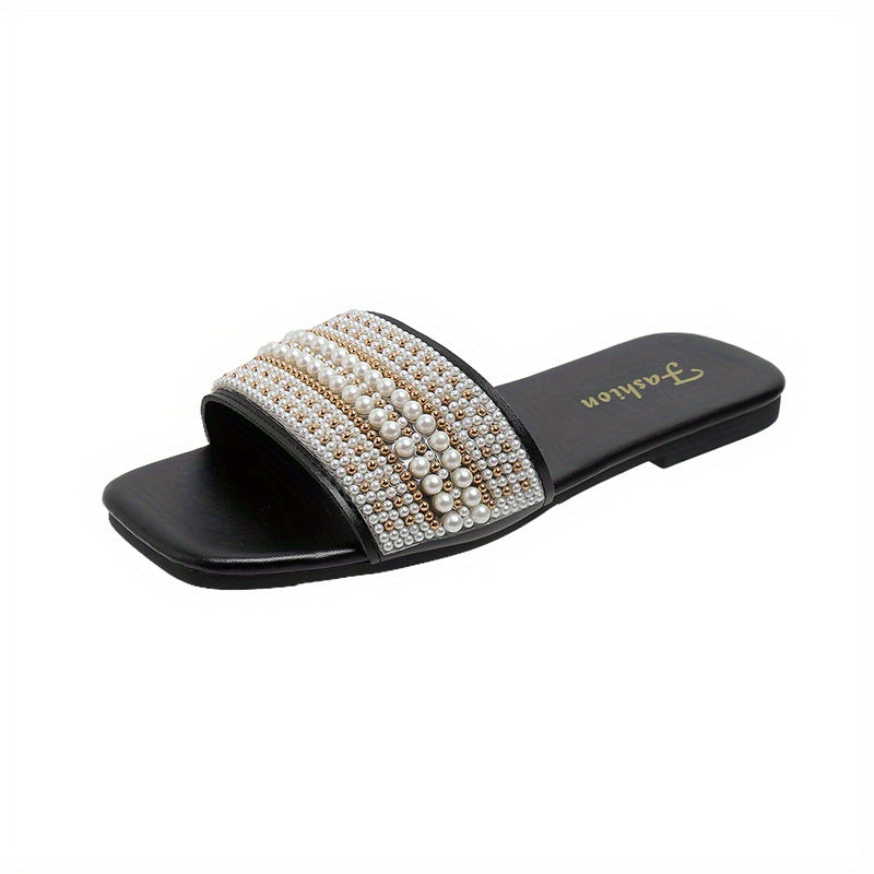 Women's Pearl & Beads Flat Slippers Square Open Toe Slides