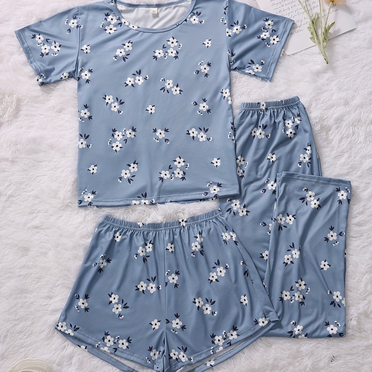 Floral Print Pajamas Set Short Sleeve Crew Neck Top & Shorts & Pants