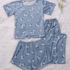 Floral Print Pajamas Set Short Sleeve Crew Neck Top & Shorts & Pants
