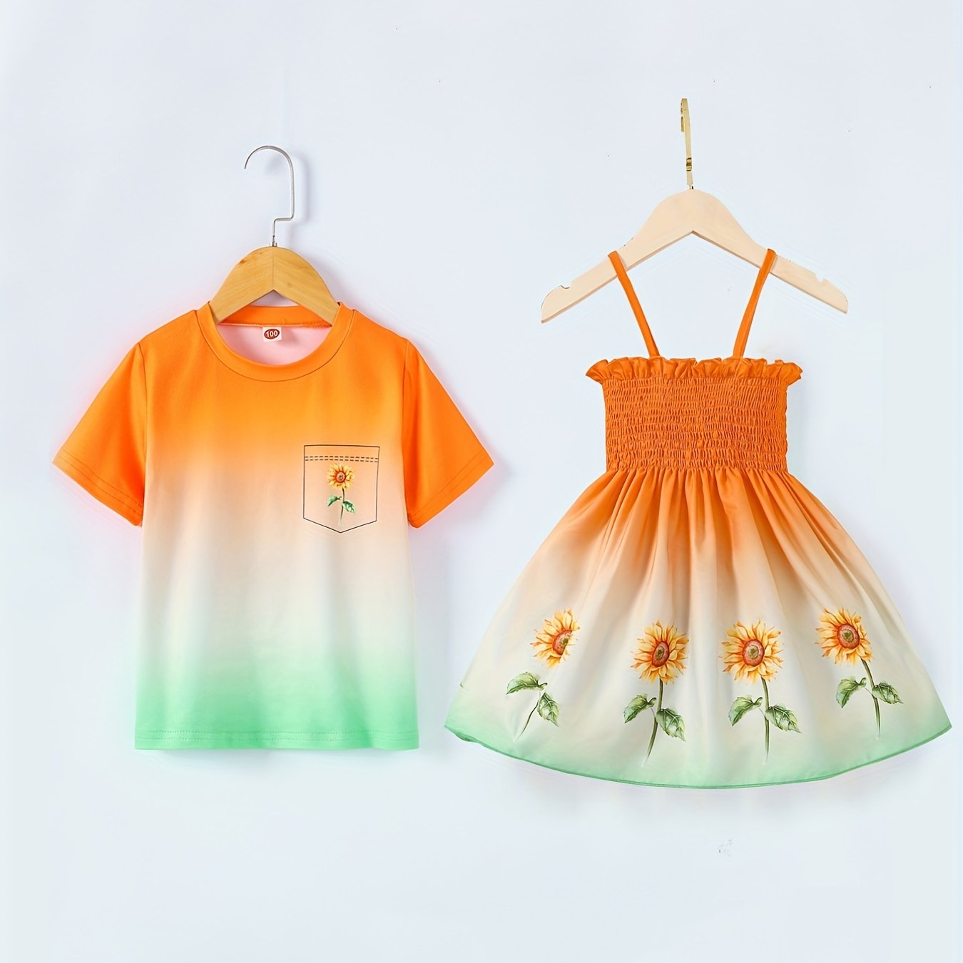 Sibling Matching Gradient Flower Print Shirts&Dress Set