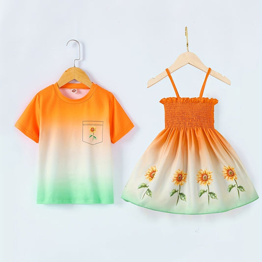 Sibling Matching Gradient Flower Print Shirts&Dress Set