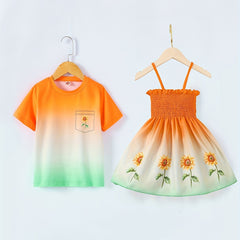 Sibling Matching Gradient Flower Print Shirts&Dress Set