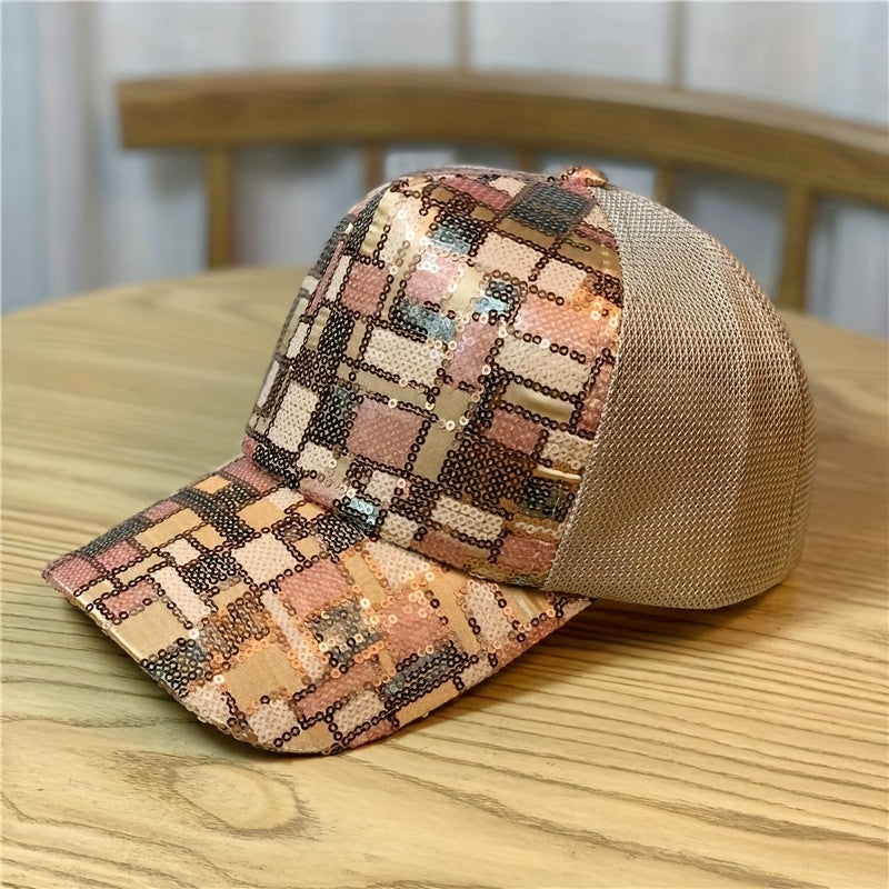 Plaid Sequins Baseball Cap Y2K Hip Hop Mesh Trucker Hat Unisex