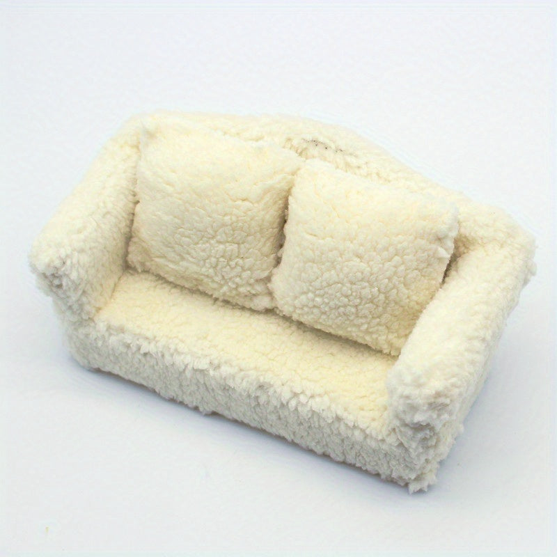 Soft Beige Plush Single Sofa with Pillow for Dollhouse