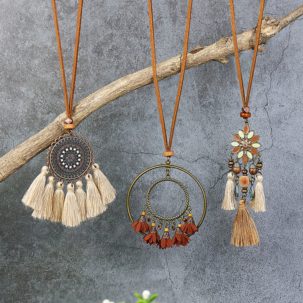 Boho Ethnic Tassel Pendant Necklaces Retro Rhinestone Drip Oil Alloy Necklace