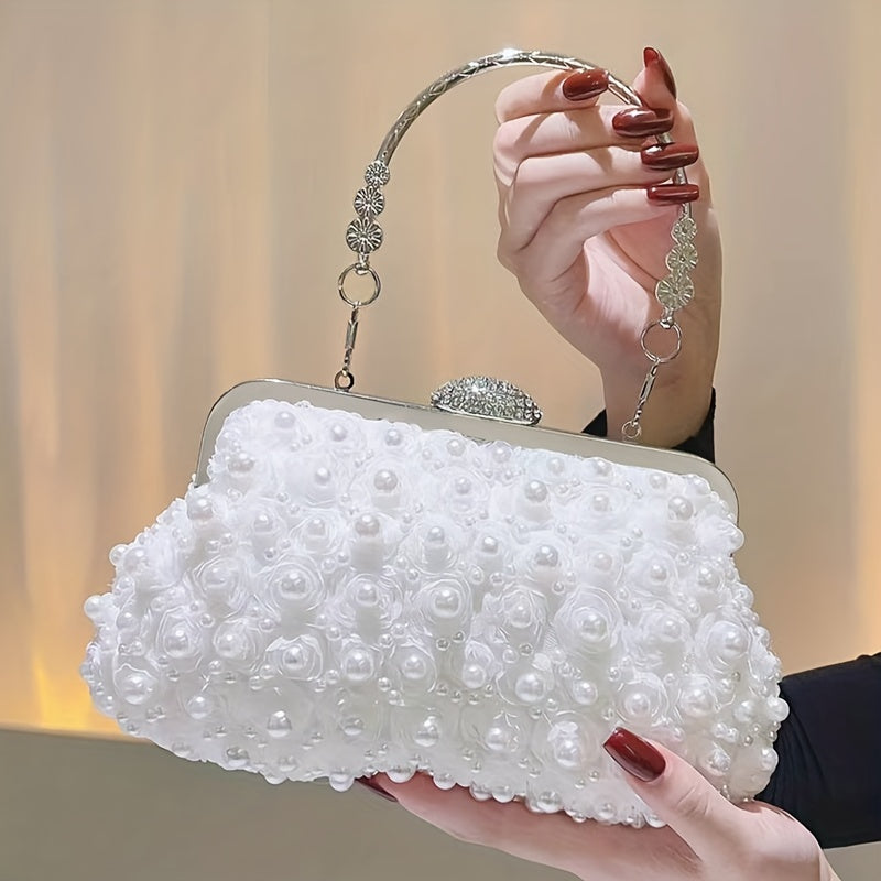 Pearl Decor Wedding Clutch Purse Top Ring Evening Bag