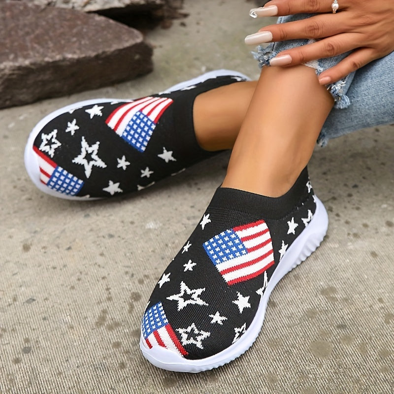 Women's Flag Pattern Knit Slip-On Sneakers Low Round Toe Non-Slip Shoes