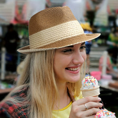 Vintage Straw Fedora Cap Short Rolled Brim Jazz Sun Hat