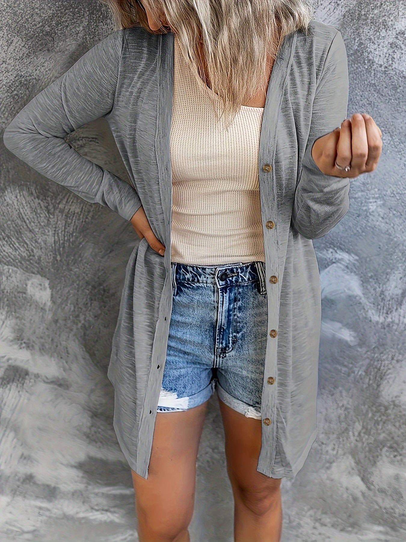  Solid Button Up Long Sleeve Cardigan