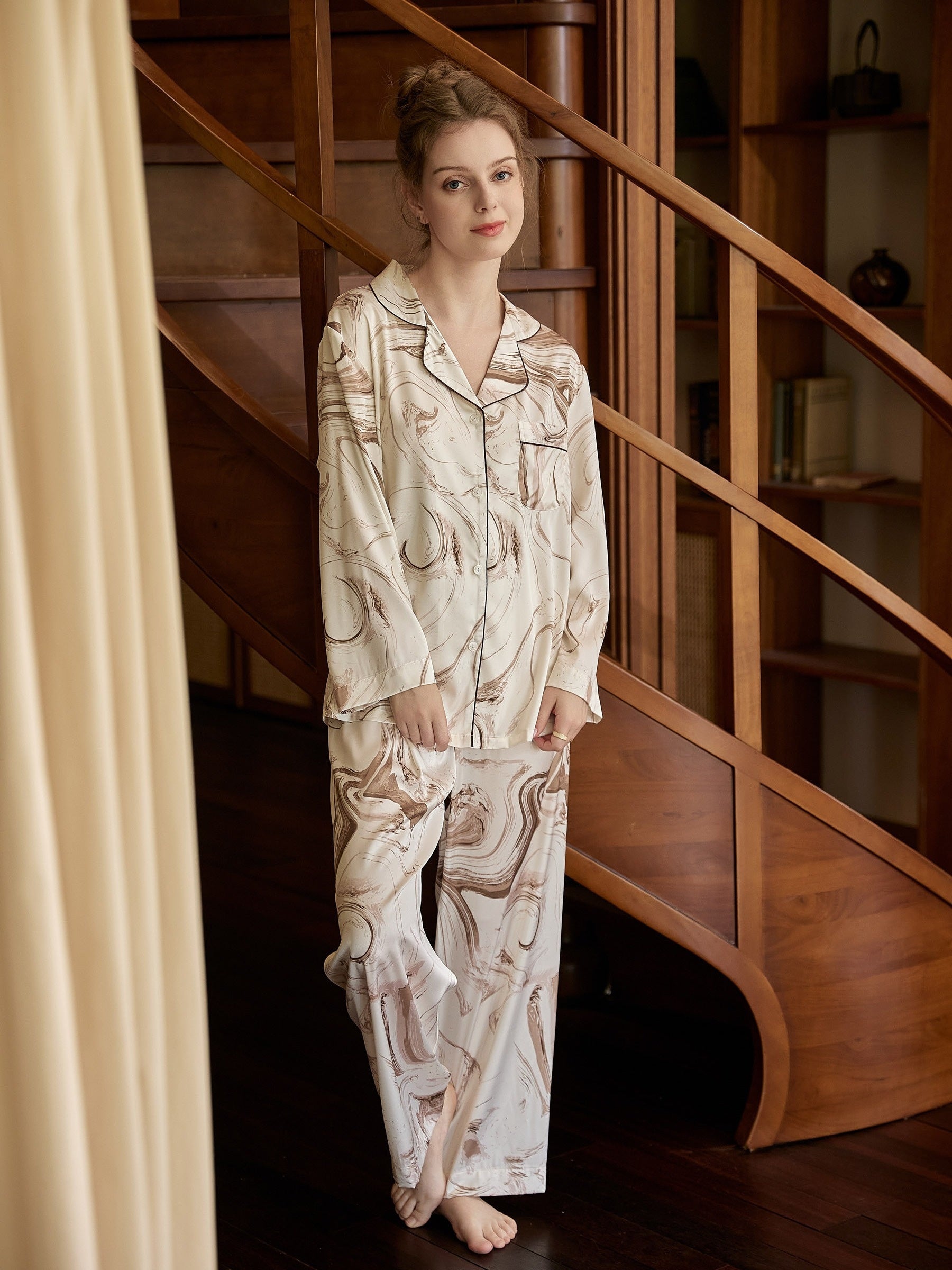 Ink Print Pajama Set Long Sleeve Top & Elastic Waistband Pants