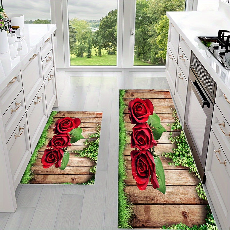 2pcs Kitchen Decor Area Rug Wooden Panel Rose Pattern Kitchen Floor Mat