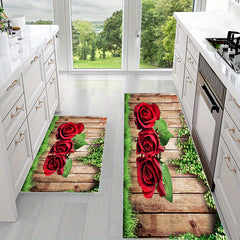2pcs Kitchen Decor Area Rug Wooden Panel Rose Pattern Kitchen Floor Mat