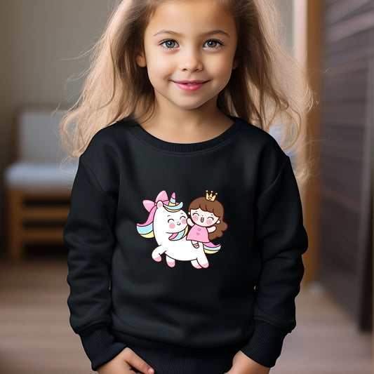 Anime Girl & Unicorn Print Pullover Sweatshirt for Girls