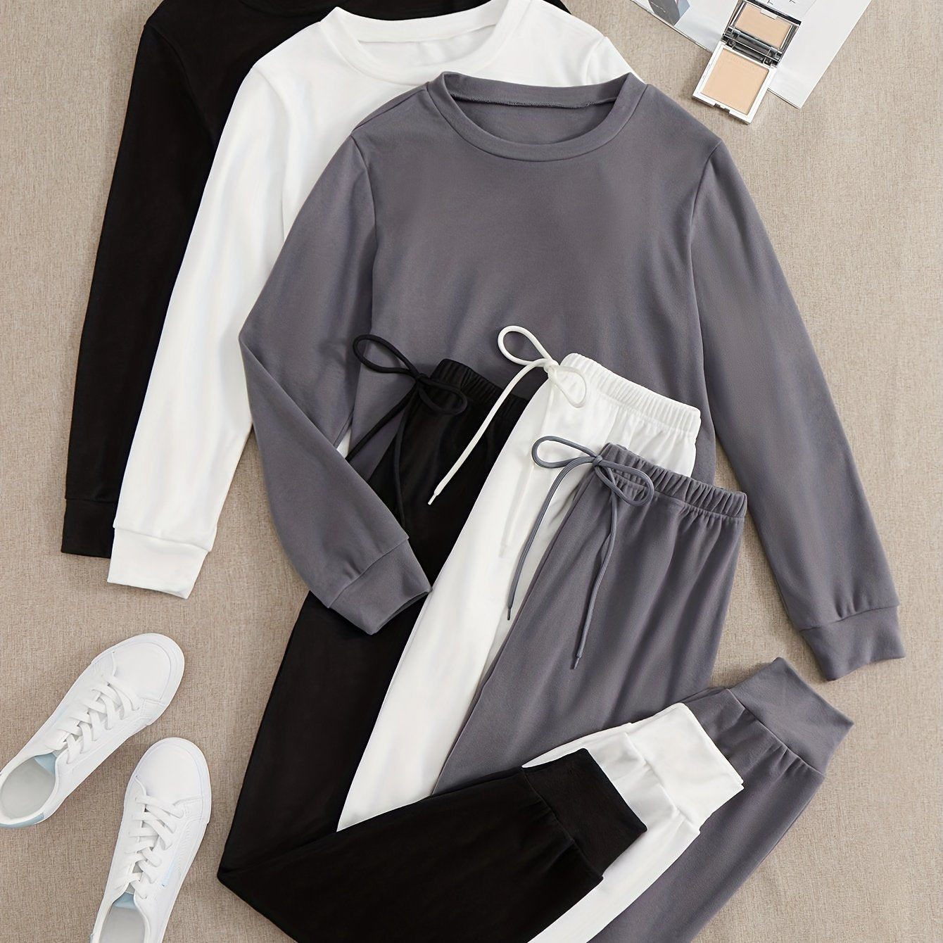 3-Piece Lounge Set Crew Neck Top & Lace Up Pants