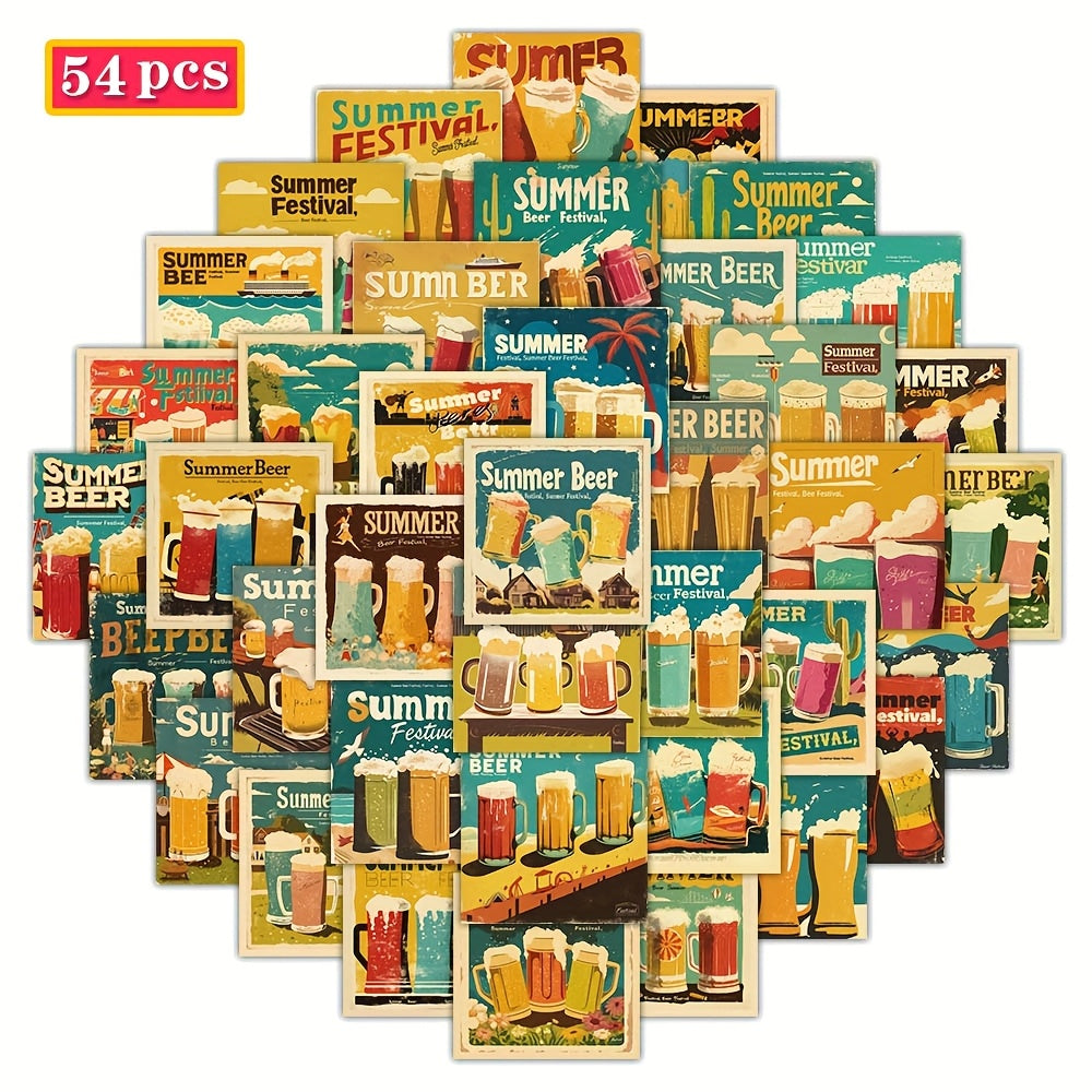 54pcs Summer Beer Sticker Pack Waterproof Vinyl Decals Assorted Colors Self Adhe