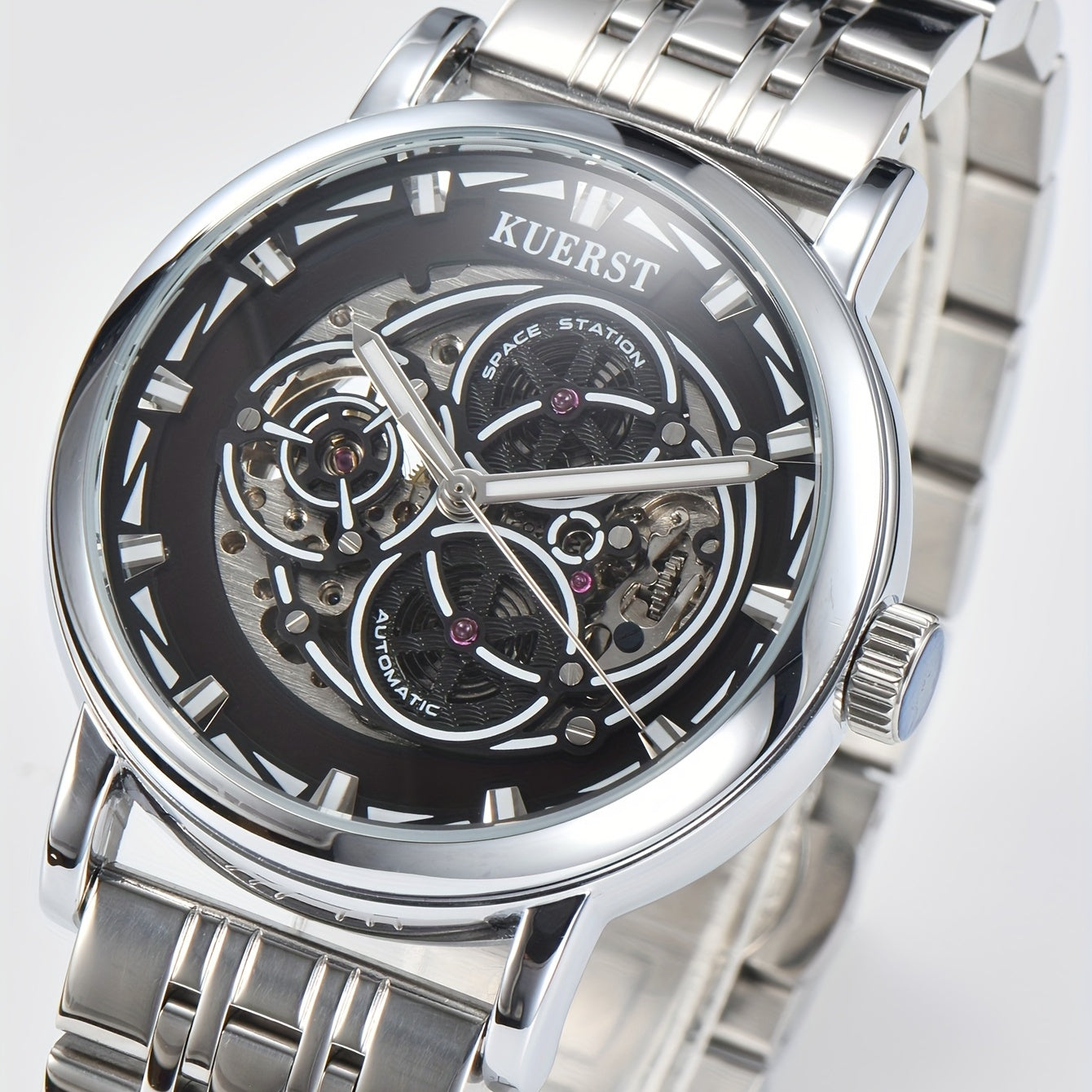 KUERST Men's Steel Strap Mechanical Watch Luminous Dial Creative Wristwatch
