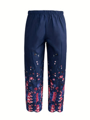 Floral Print High Rise Wide Leg Cropped Pants Women's Plus Size