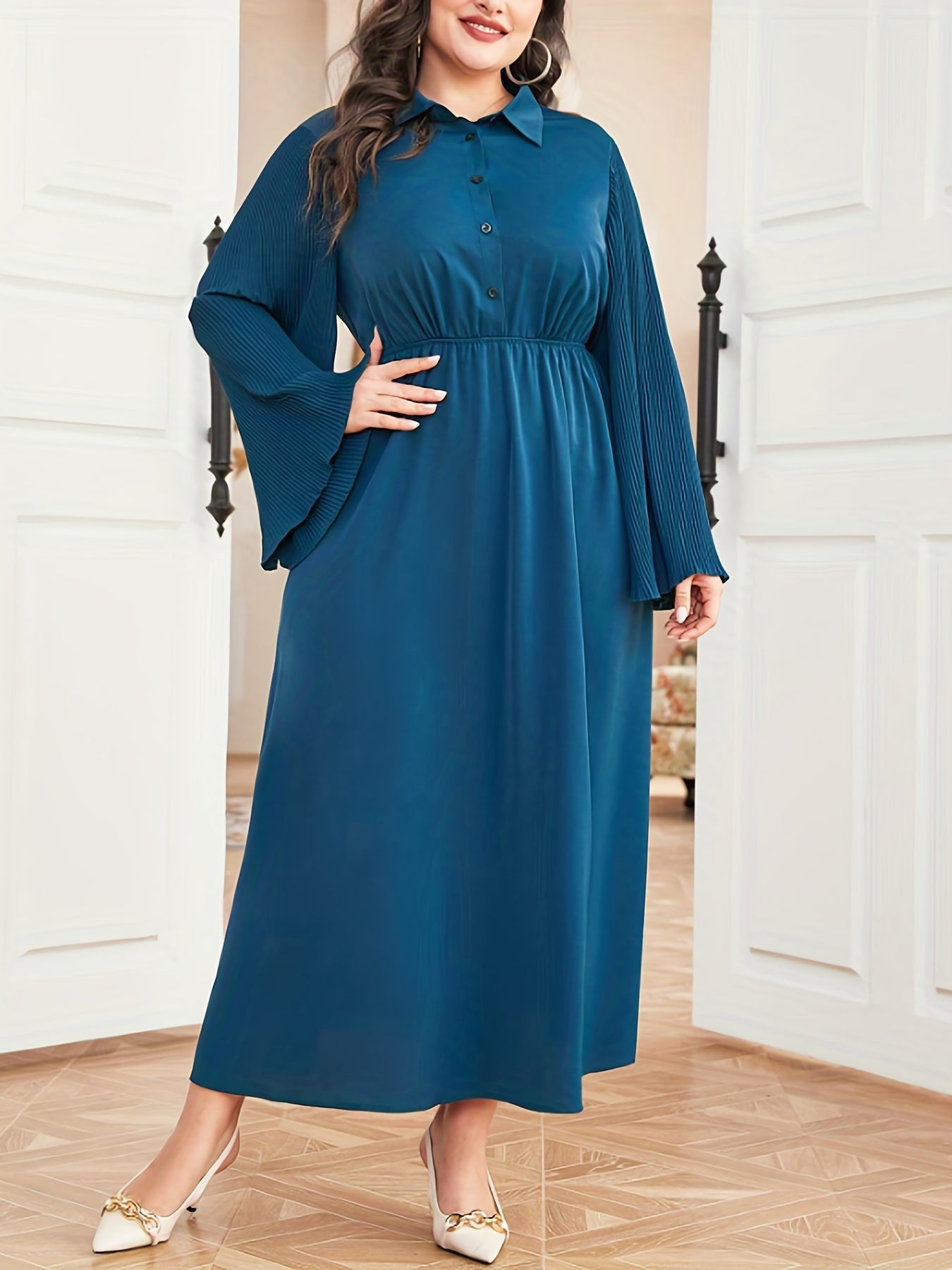  Dress Women's Plus Flared Sleeve Button Up Lapel Collar