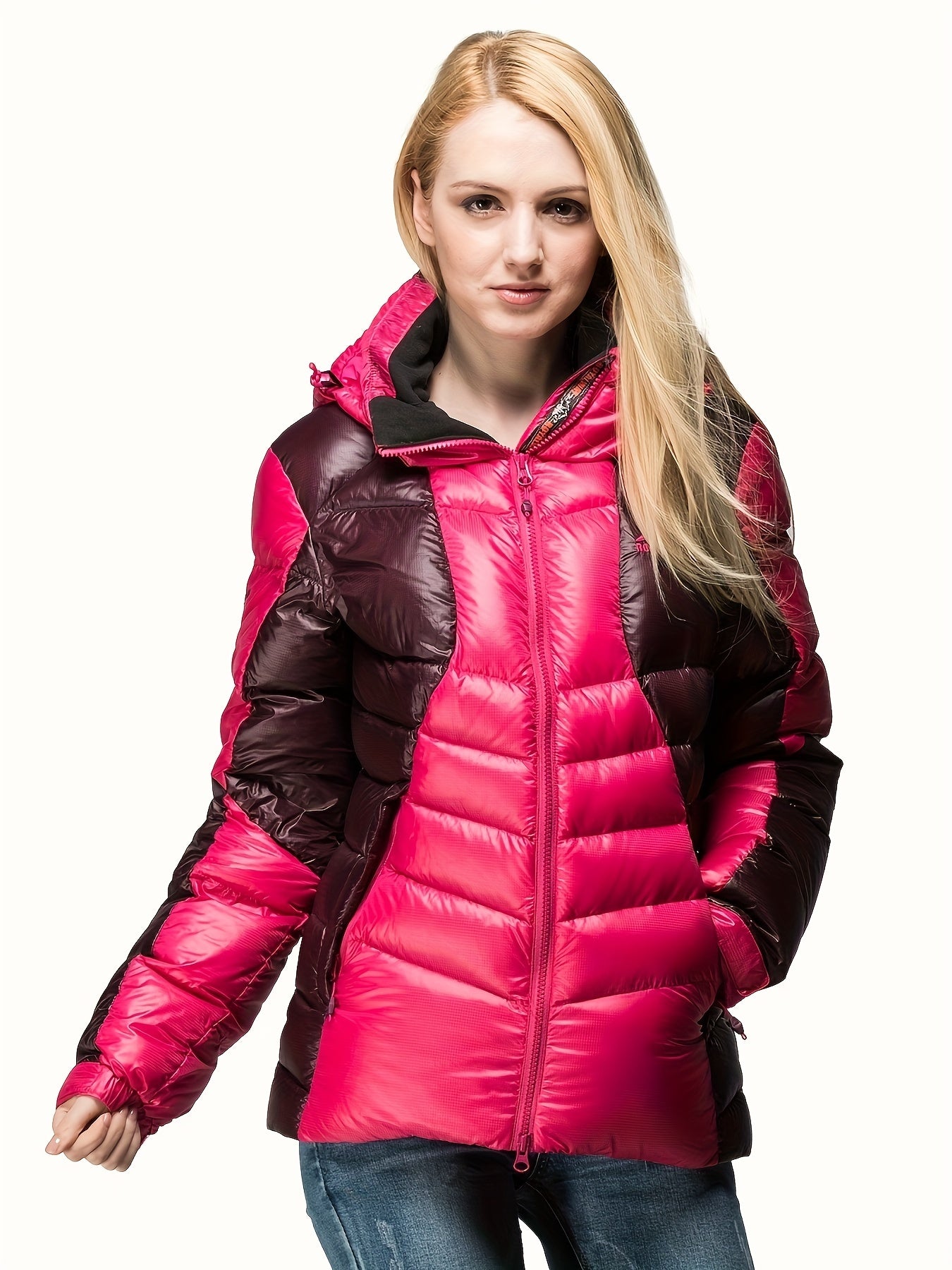 Women Long Down Jacket Two Tone Winter Puffy Coat Hoodie