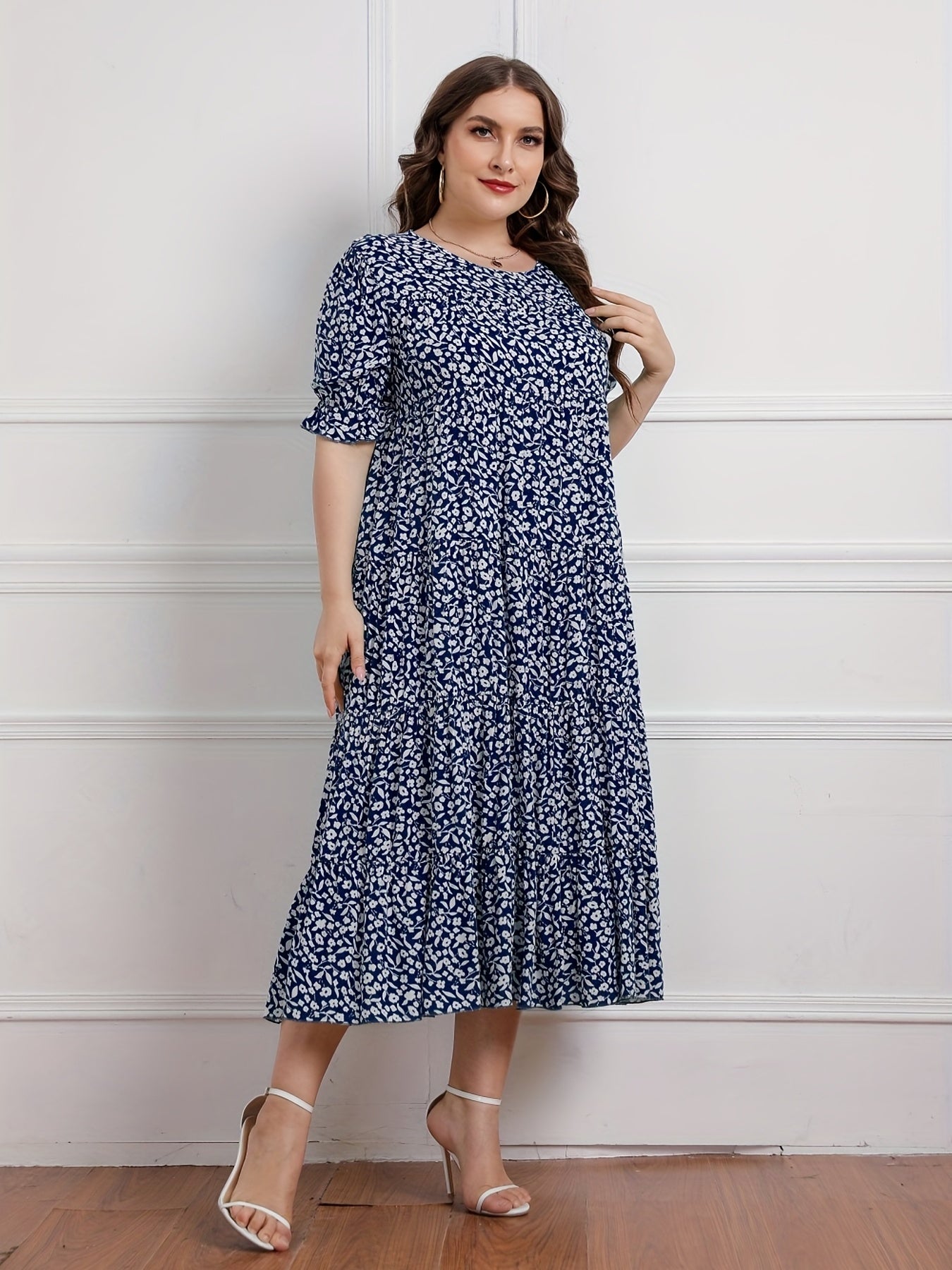 Floral Print Plus Size Maxi Dress Round Neck Long Dress