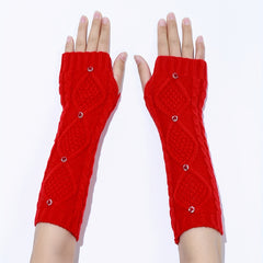 Red Rhombus Ribbed Knitted Gloves Elastic Warm Gloves Faux Pearl Decor