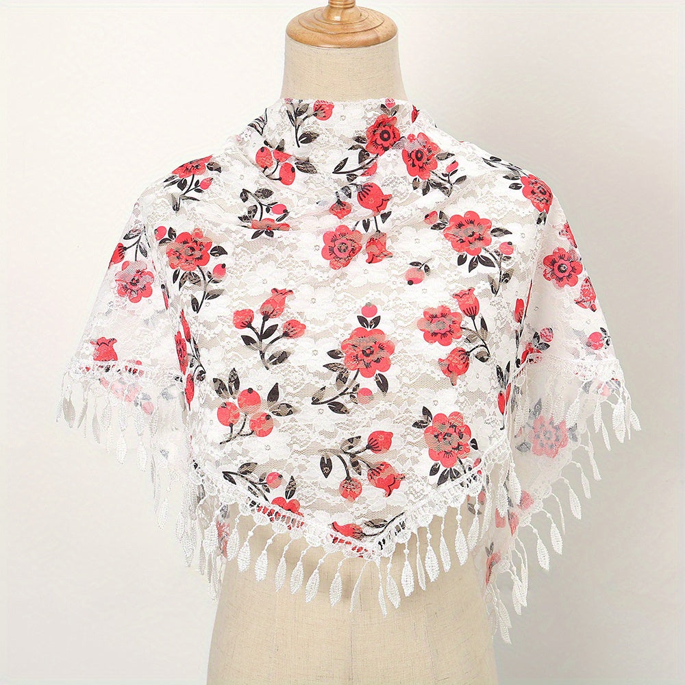 Flower Print Triangle Scarf Tassel Shawl