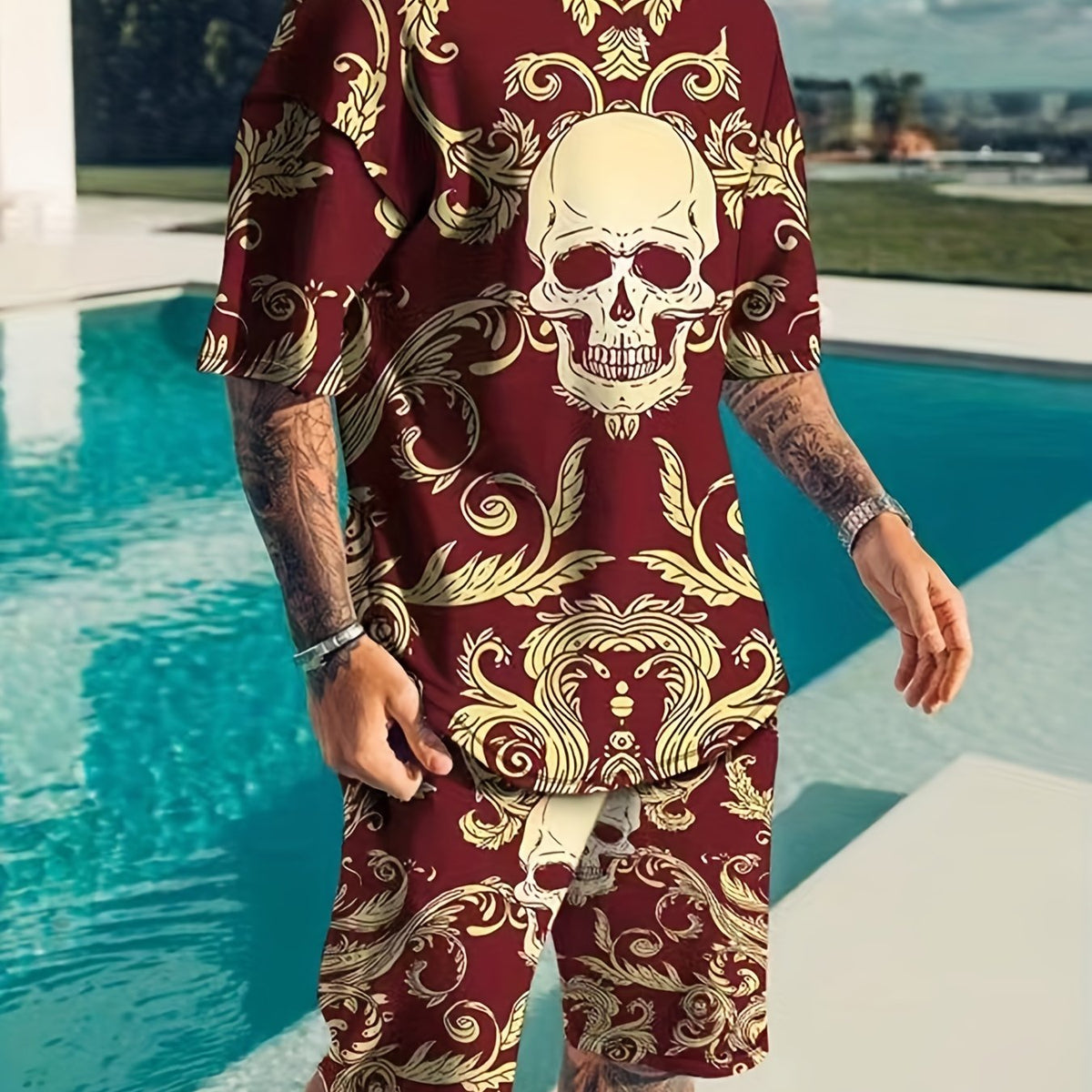 Men's Casual Floral Skull T shirt & Stretch Shorts For Outdoor