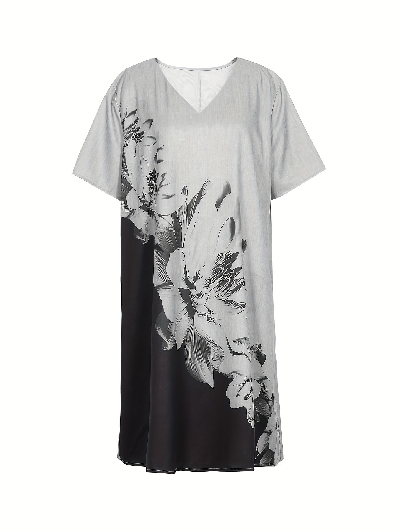  Colorblock Floral Print Short Sleeve V Neck Dress