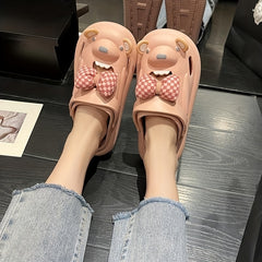 Women's Bear Clogs Checkered Bowknot Closed Toe Sandals