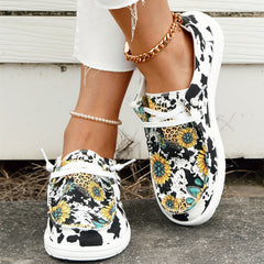 Women's Cow Sunflower Printed Canvas Loafers Lace Up Round Toe Shoes
