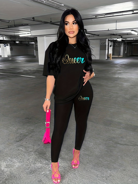 Letter Print Two piece Set Crew Neck Short Sleeve Tee & Long Length Slim Pants