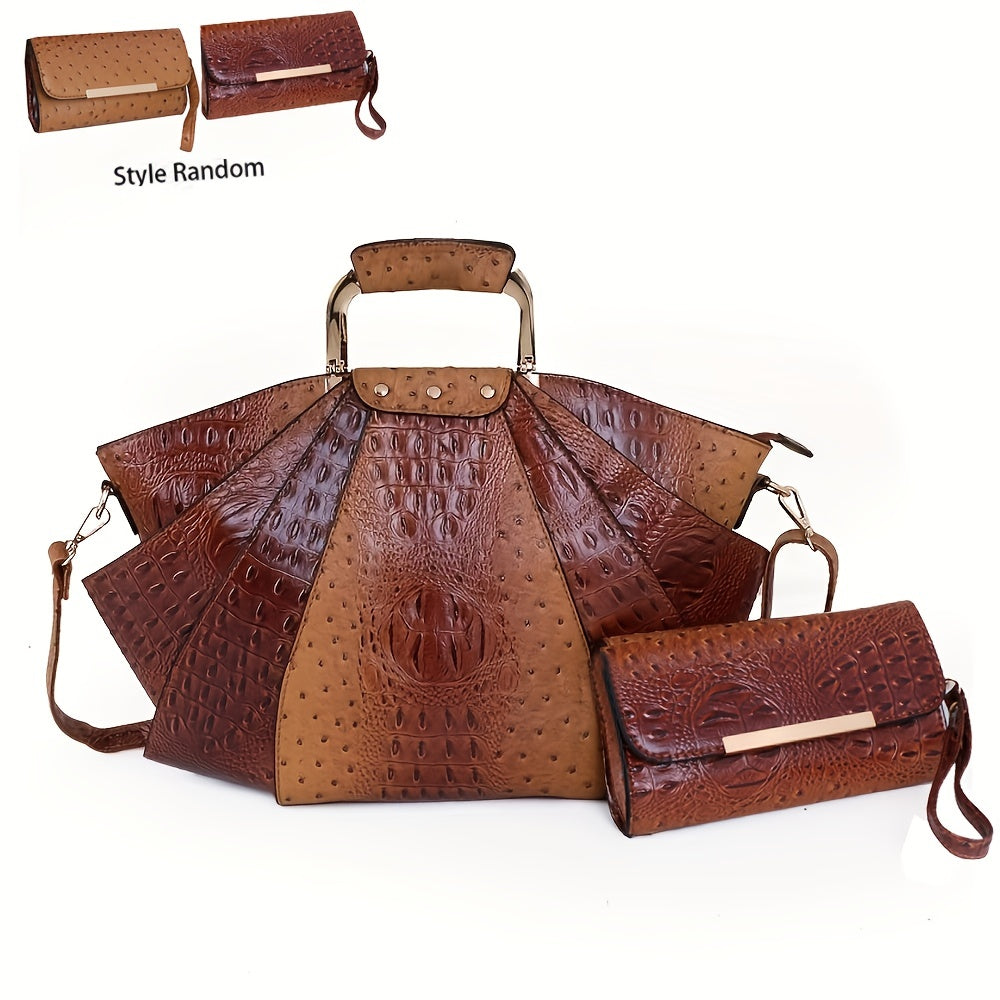 Crocodile Pattern Handbag Set Women's Stylish Shoulder Bag & Clutch Bag