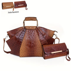Crocodile Pattern Handbag Set Women's Stylish Shoulder Bag & Clutch Bag