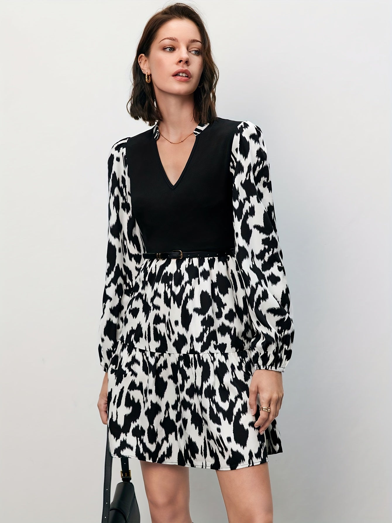  Colorblock Leopard Print Lantern Sleeve V Neck Smock Dress