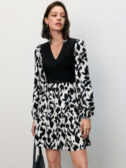  Colorblock Leopard Print Lantern Sleeve V Neck Smock Dress