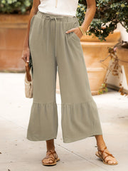  Ruffle Trim Drawstring High Waist Wide Leg Pants