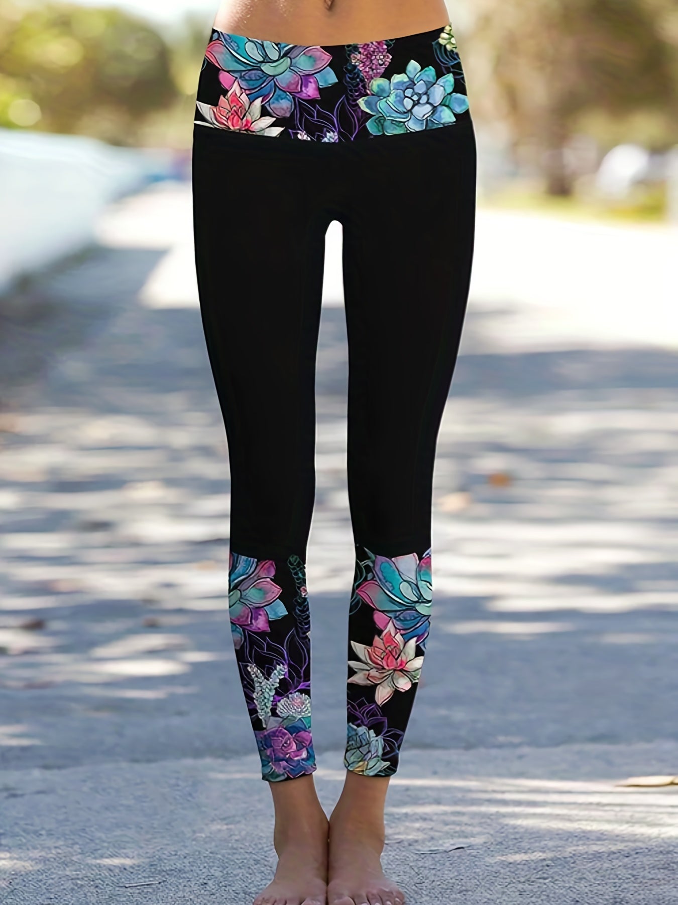  Colorblock Lotus Print Skinny Leggings