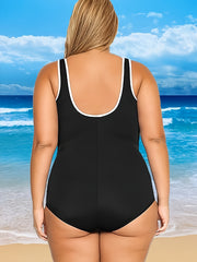 Sporty Plus Size Swimsuit Zipper Front Ruched One Piece Bathing Suit