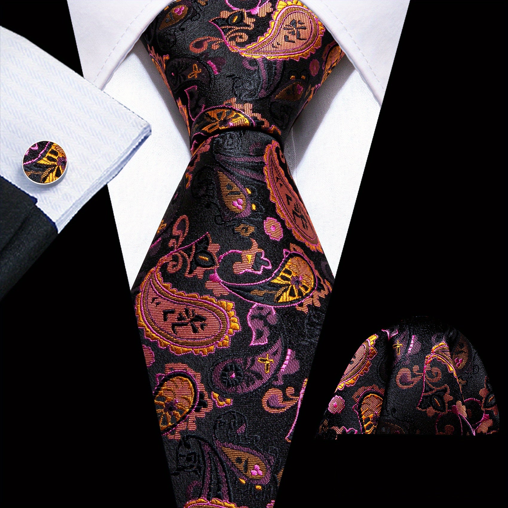 Barry Wang Men's Paisley Jacquard Tie Pocket Square Cufflinks Set