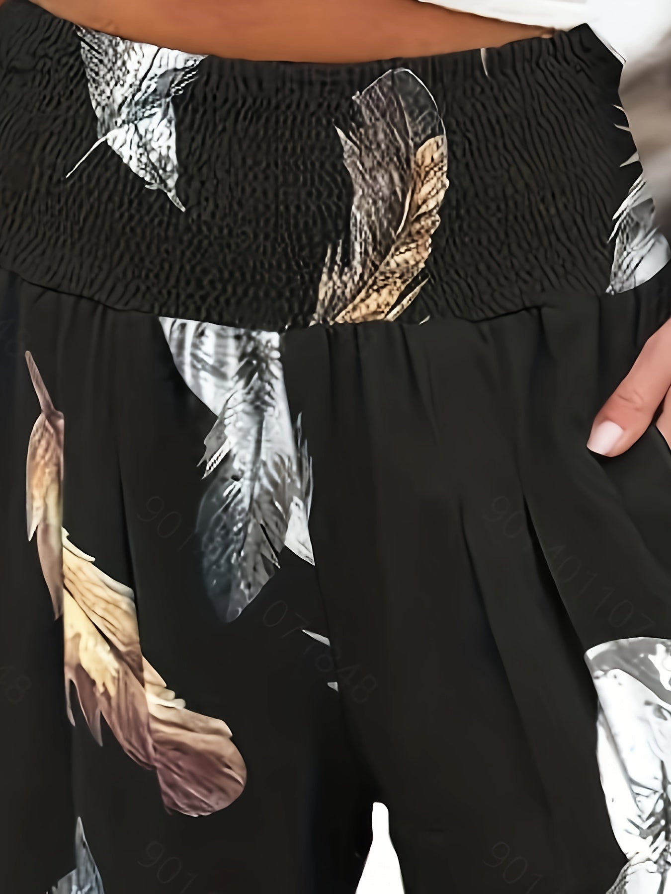 Feather Print Shirred Waist Wide Leg Trousers