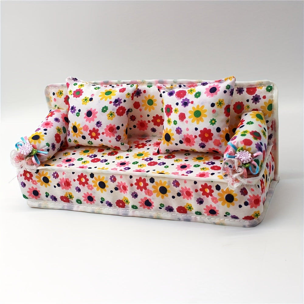 Dollhouse Furniture Flower Cloth Sofa with 2 Cushions